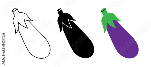 Fresh eggplant icon set. Fresh organic vegetable symbol for kitchen, menu, food package design. Vector illustration