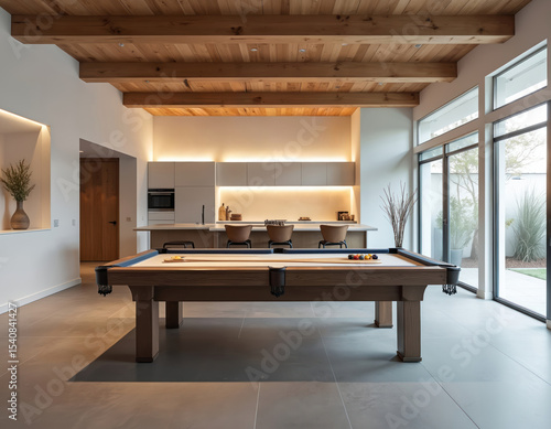 Modern clubhouse interior with pool table and kitchen zone. Wooden ceiling, large windows, natural light. Luxury home, apartment, architecture, minimalist design. Stylish furniture.