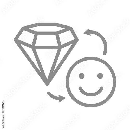 Diamond and smiley face line icon. Premium experience, or happy purchase symbol. Vector illustration