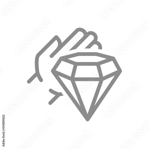 Open hand holding diamond line icon. Offered value, careful handling, or donation symbol. Vector illustration