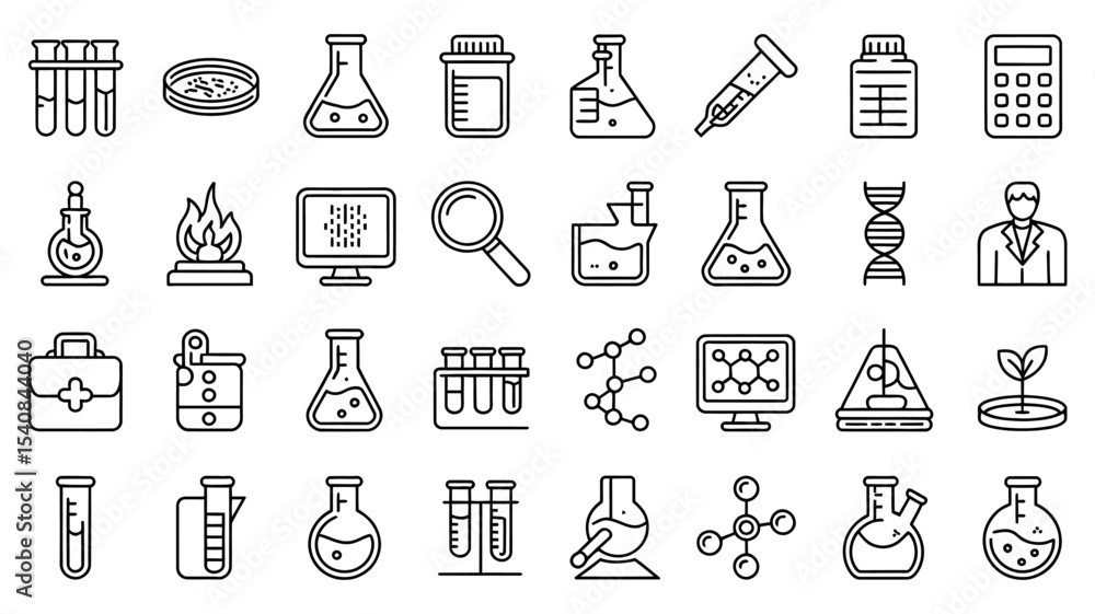 A set of medical icons thare are three test tubes, a petri dish, a conical flask, a beaker, a pipette, a medicine bottle, a calculator, a laboratory flask with fire, a computer mon. A set of medical icons thare are three test tubes, a petri dish, a conical flask, a beaker, a pipette, a medicine bottle, a calculator, a laboratory flask with fire, a computer mon.