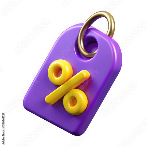 3d render of a purple discount tag with a yellow percentage symbol isolated on transparent background