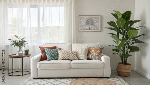 Coastal Living Room White Sofa, Green Accents, Bohemian Decor,Interior Design, Home Decor, Room Design Home Decor, Interior Design