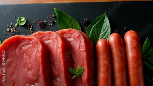 Fresh cuts of meat and sausages arranged with herbs and vegetables for culinary inspiration