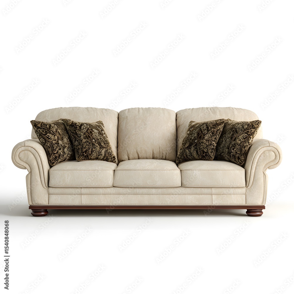 Naklejka premium Elegant Cream Sofa with Dark Accent Pillows: Classic Living Room Furniture