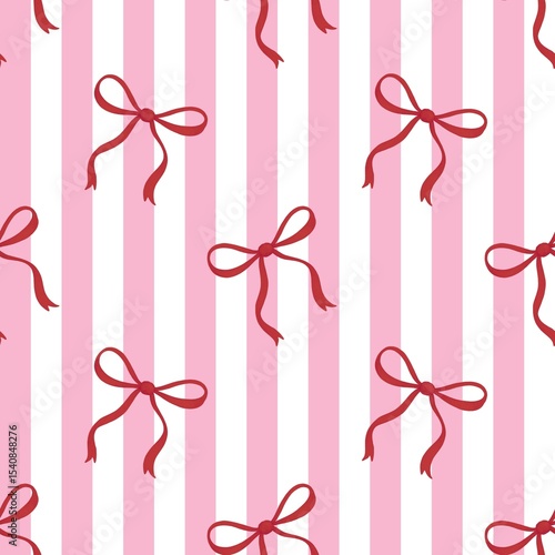 Red ribbon bow seamless pattern with bows over pastel pink vertical stripes