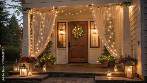 Wallpaper Mural Cozy Porch Entrance String Lights, Sheer Curtains, Lanterns, Holiday Decor, Warm Lighting, Festive Atmosphere Holiday Lighting, Porch Decor Torontodigital.ca
