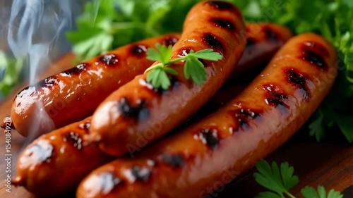 Grilled sausages served on a wooden platter with fresh vegetables and herbs in a cozy kitchen setting