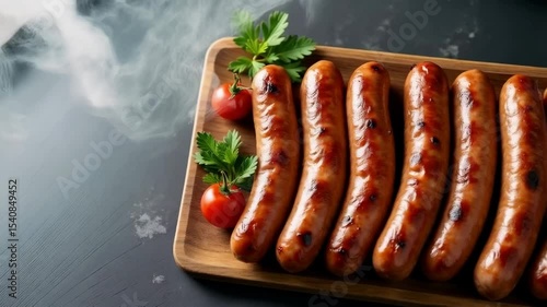 Grilled sausages served on a wooden platter with fresh vegetables and herbs in a cozy kitchen setting