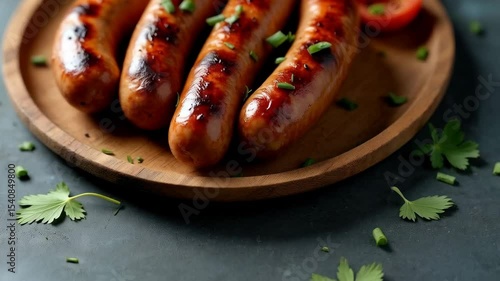 Grilled sausages served on a wooden platter with fresh vegetables and herbs in a cozy kitchen setting