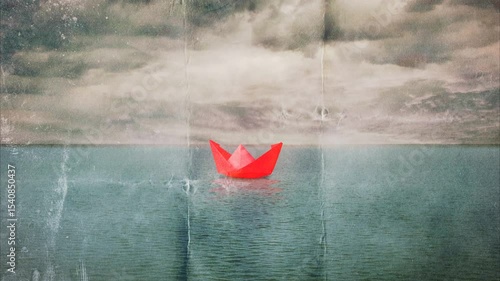 Red paper boat in the middle of the ocean. Vintage animation. loneliness. Paper texture.