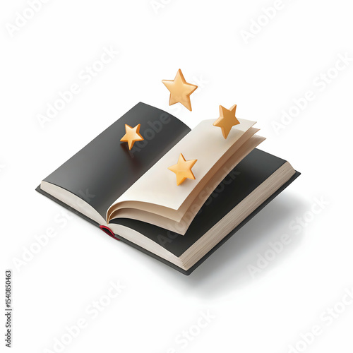 A giant 3D book opening as sparkling stars and cosmic dust pour out into a dark dreamlike night
