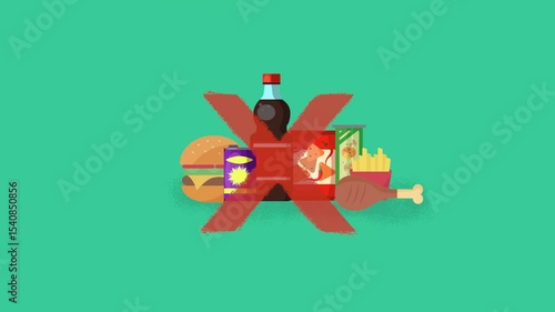 Junk food. Fried foods and bad cholesterol. Fast food animation.
