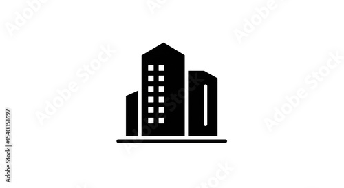 A black and white icon depicting a group of buildings with a tall structure in the center and windows