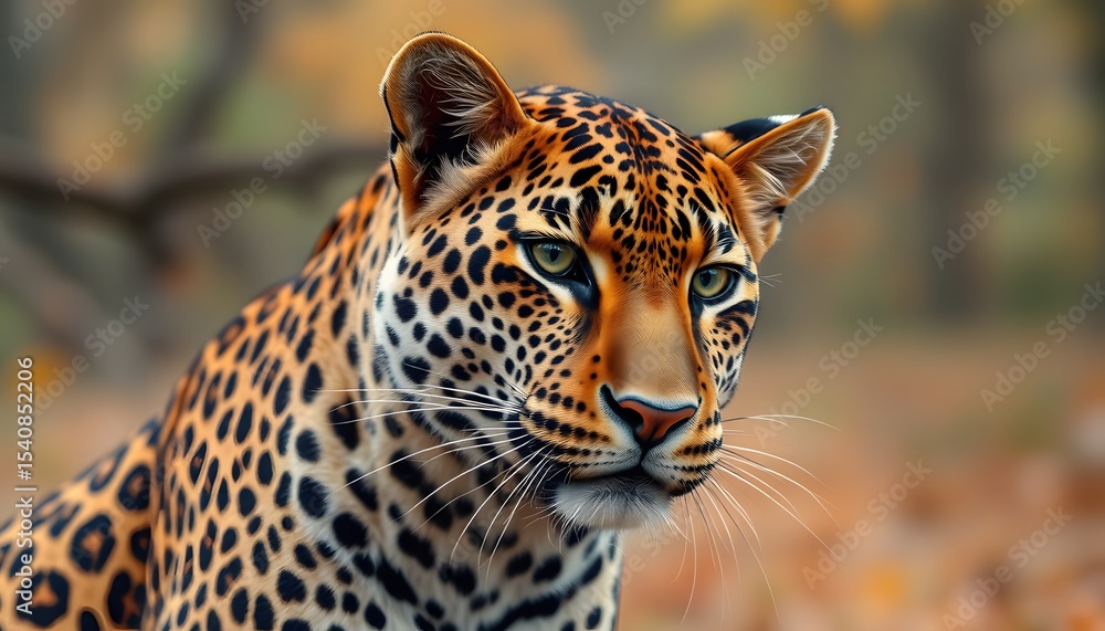 Obraz premium Poster with a leopard against the background of autumn nature. Fashionable animal prints