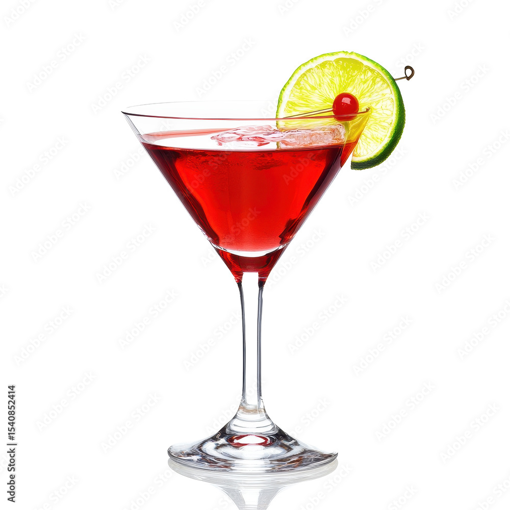 Refreshing red cocktail garnished with lime and cherry against a Transparent background, Red Cocktail, PNG background