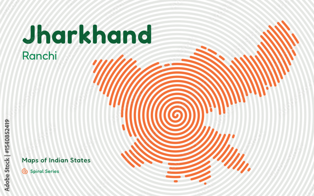 Naklejka premium Spiral Pattern Map of Jharkhand with Capital Ranchi – Resource-Rich Indian State