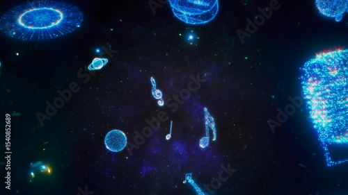 abstract blue background. Universe of musical notes.