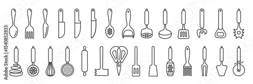 Kitchenware icon set. Black line vector kitchen utensils, tools and cutlery. Whisk, slotted spoon, scissors, ladle and spatula. Sieve, knife, spoon, fork, peeler and opener