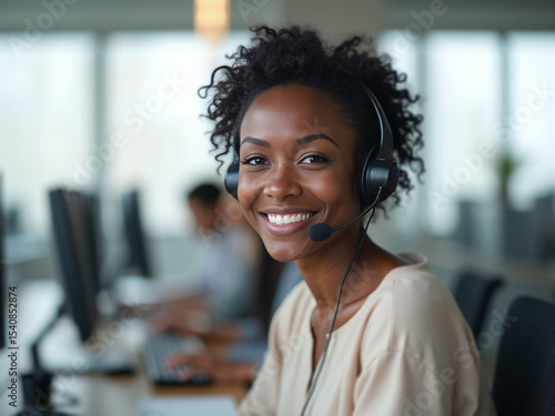 Smiling Black woman in headset works in bright call center, natural curls and daylight highlighting her professional, approachable demeanor.