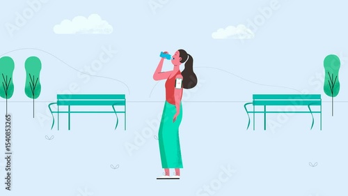 Woman drinking water in park. Good health. Animation 2D.