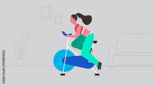 Woman exercising in her living room. 2D animation. Flat