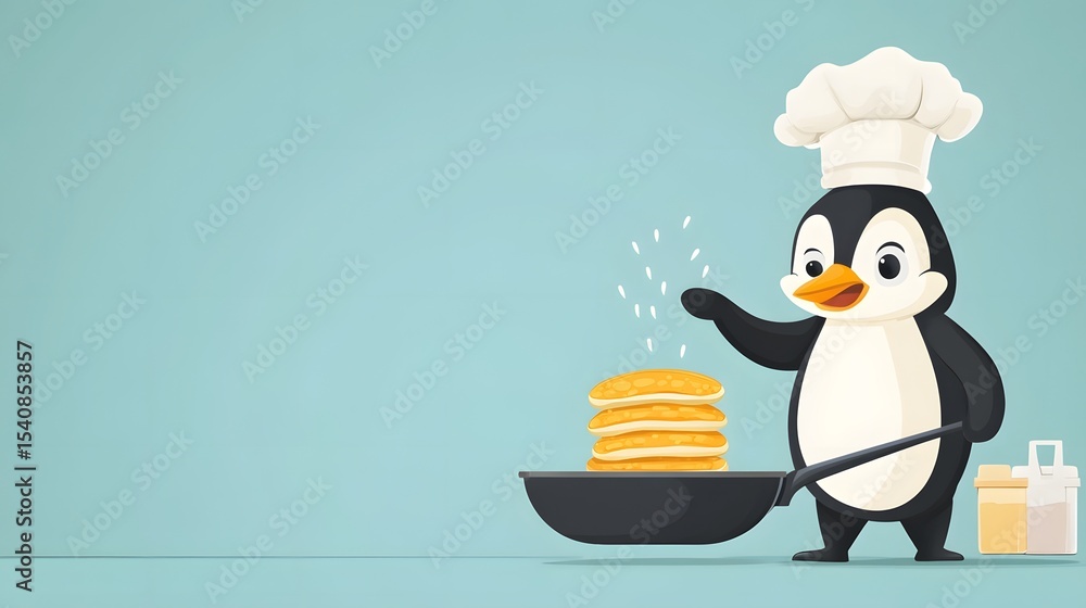 Obraz premium Digital illustration of a penguin chef preparing pancakes in a pan with a chef's hat.