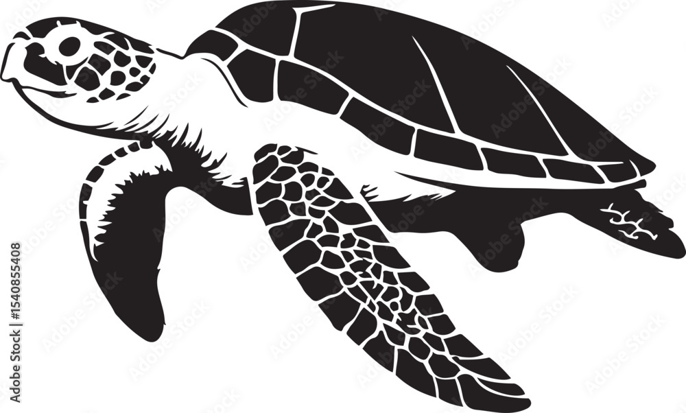 Obraz premium Sea turtle flying silhouette clean design, Ocean animal black and white movement art