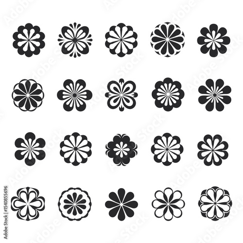 Flower icon set, featuring flowers in vector silhouettes.