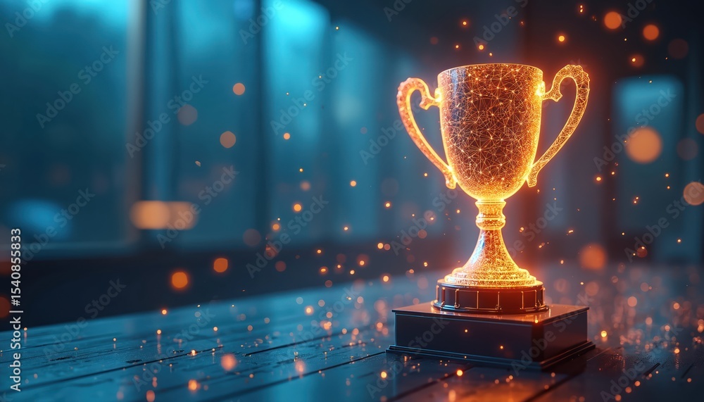 Digital trophy award on futuristic background. Glowing golden goblet on black pedestal. Modern innovation tech success achievement concept. Winner champion prize.