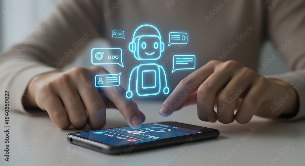 Hands Using Smartphone A I Chatbot Interface Light Blue Hands Using Smartphone A I Chatbot Interface Light Blue