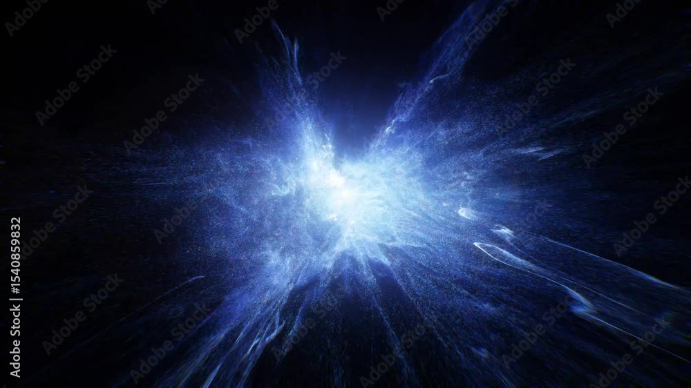 Abstract motion graphic features a bright blue light bursting amidst swirling particles in dark space. Futuristic energy concept, science-related visual effect loop. 3D render