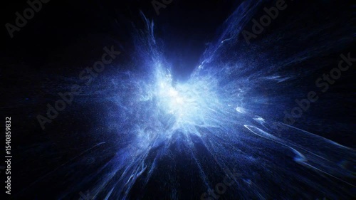 Abstract motion graphic features a bright blue light bursting amidst swirling particles in dark space. Futuristic energy concept, science-related visual effect loop. 3D render