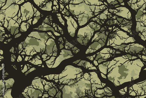 Abstract camouflage pattern with tree branches and leaves, vector illustration design for military or wallpaper backgrounds