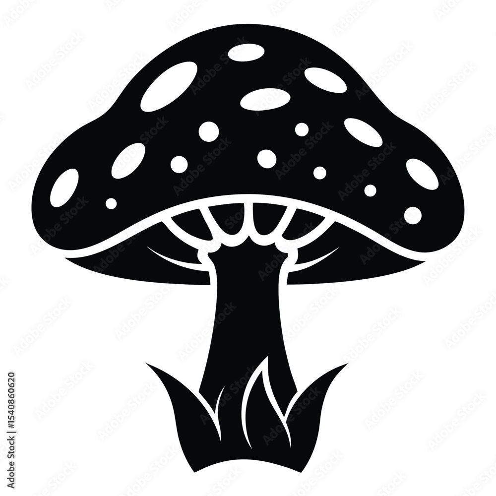Detailed Black and White Vector Illustration of a Fungus, Mushroom, Toadstool with Grass Detailed Black and White Vector Illustration of a Fungus, Mushroom, Toadstool with Grass