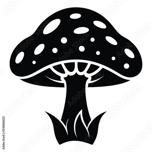 Detailed Black and White Vector Illustration of a Fungus, Mushroom, Toadstool with Grass