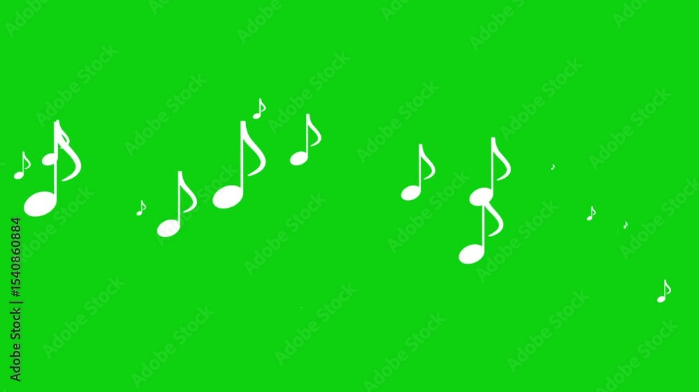 Musical notes flying animation on solid background for alpha transparent 4k video. Music audio wave green screen effect for overlay.