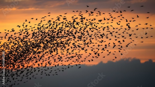 A mesmerizing flock of birds in silhouette against a vibrant sunset sky, showcasing nature's beauty and freedom.
