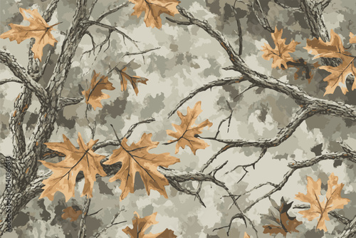 Camouflage seamless pattern. Forest real tree camouflage design. Hunting camouflage.