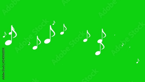 Musical notes flying animation on solid background for alpha transparent 4k video. Music audio wave green screen effect for overlay.