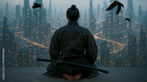 Lone samurai warrior meditating on futuristic city rooftop at dusk with katana behind his back, while crows are flying around, overlooking cyberpunk cityscape with illuminated roads and skyscrapers