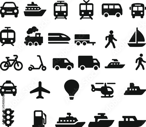 Collection of black and white transportation icons depicting various travel methods and vehicles