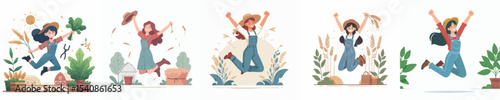 vector female farmer celebrating jumping