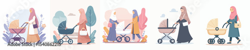 vector woman wearing hijab pushing baby carriage