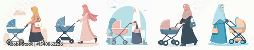 vector woman wearing hijab pushing baby carriage