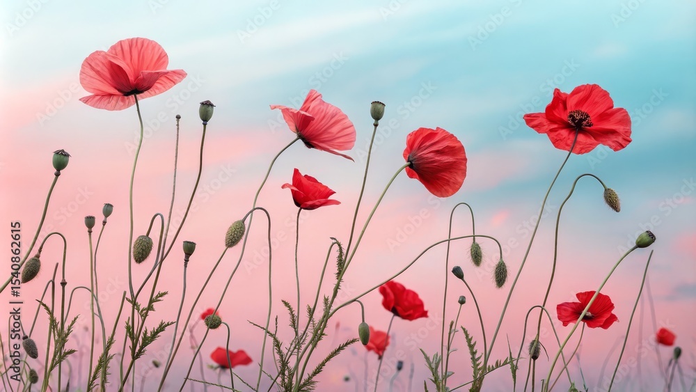 Obraz premium Pink Sunset Poppies Floral Composition, Soft Pastel Colors, Nature Concept, Poppy Field Poppy, Flowers, Nature