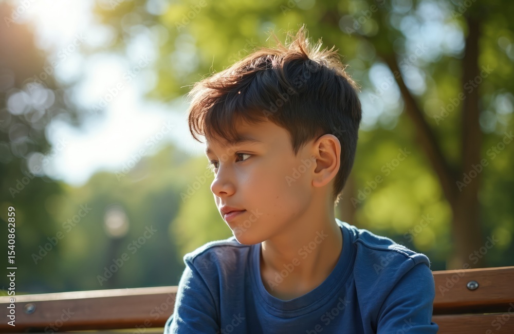 Young boy sits on bench in park. He looks pensive, lost thought. Child contemplates, enjoying moment of solitude in nature outdoors. Boy on sunny day. Child life concept. Peaceful scene. Young boy sits on bench in park. He looks pensive, lost thought. Child contemplates, enjoying moment of solitude in nature outdoors. Boy on sunny day. Child life concept. Peaceful scene.