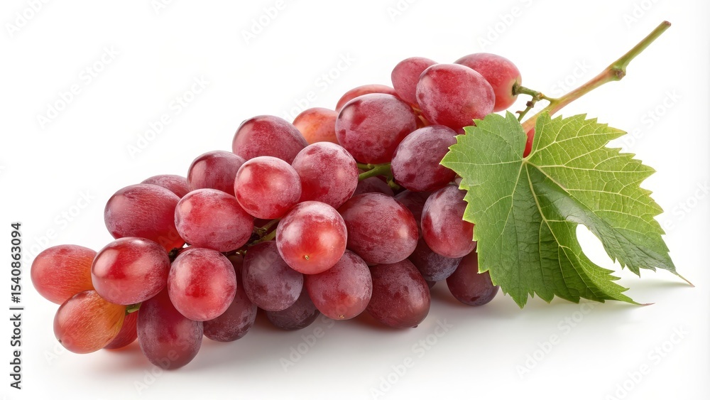 Fototapeta premium Red Grape Bunch Close-up Photography, Studio Lighting, Fresh Fruit Concept, Vine Leaf, White Background Red Grapes, Fruit Photography