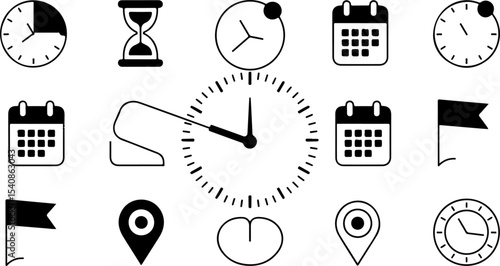 Black and White Time Management Icons Set Clocks Calendars Hourglass Location Markers Flags Simple Minimalist