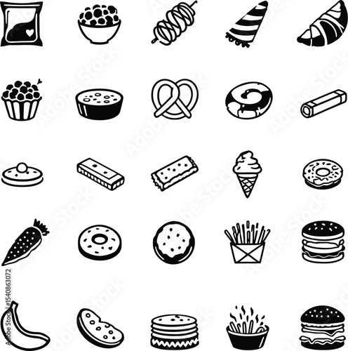 Snack & Treat Icon Set – Black and White Vector Collection Featuring Chips, Donuts, Sweets, and Fast Food Favorites